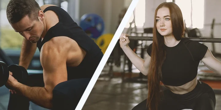 A man doing a single joint exercise and a woman doing a multi joint exercise