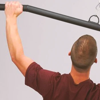 A person doing a thick bar lat pull down