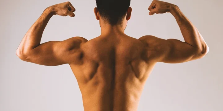A person with large back muscles from workouts flexing towards the camera