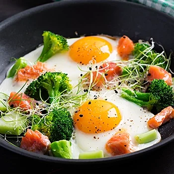 Fried eggs and green vegetables