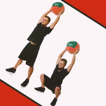 A person doing overhead squats with a medicine ball