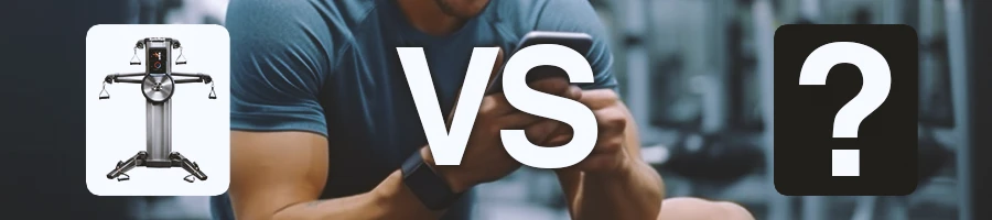 A graphic of NordicTrack Fusion VST versus the competition with a person in the background on the phone at the gym