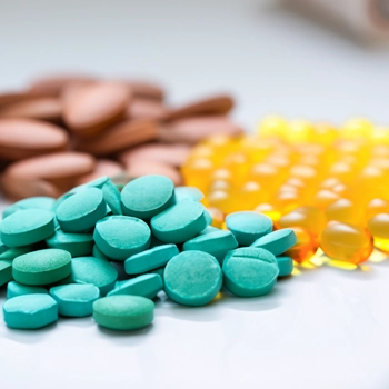 Close up shot of various supplement pills