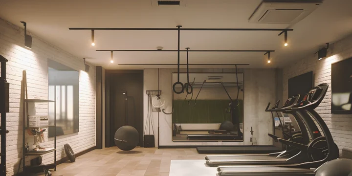 A wide shot of a home gym with lighting