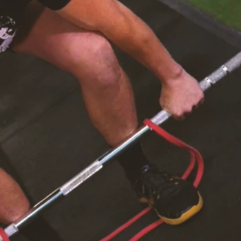 A person doing resistance band barbell deadlifts