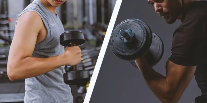 A person doing hammer curls and bicep curls side by side