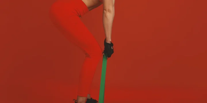 A woman doing resistance band deadlifts