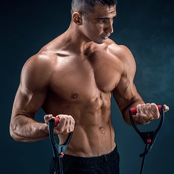 A muscular man doing resistance band bicep curls