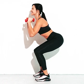 A woman doing uneven front squat and rotational press