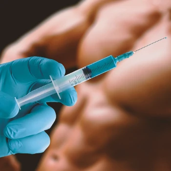 A doctor holding a syringe in front of a bodybuilder