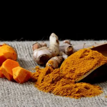 Curcumin powder on a table and on a spoon