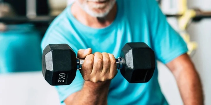 Stephen Lang working out with a dumbbell