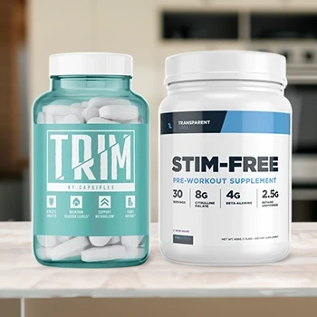 Capsiplex and Stim-Free Transparent Labs Pre-workout on a kitchen table