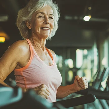 An old woman doing cardio at the gym