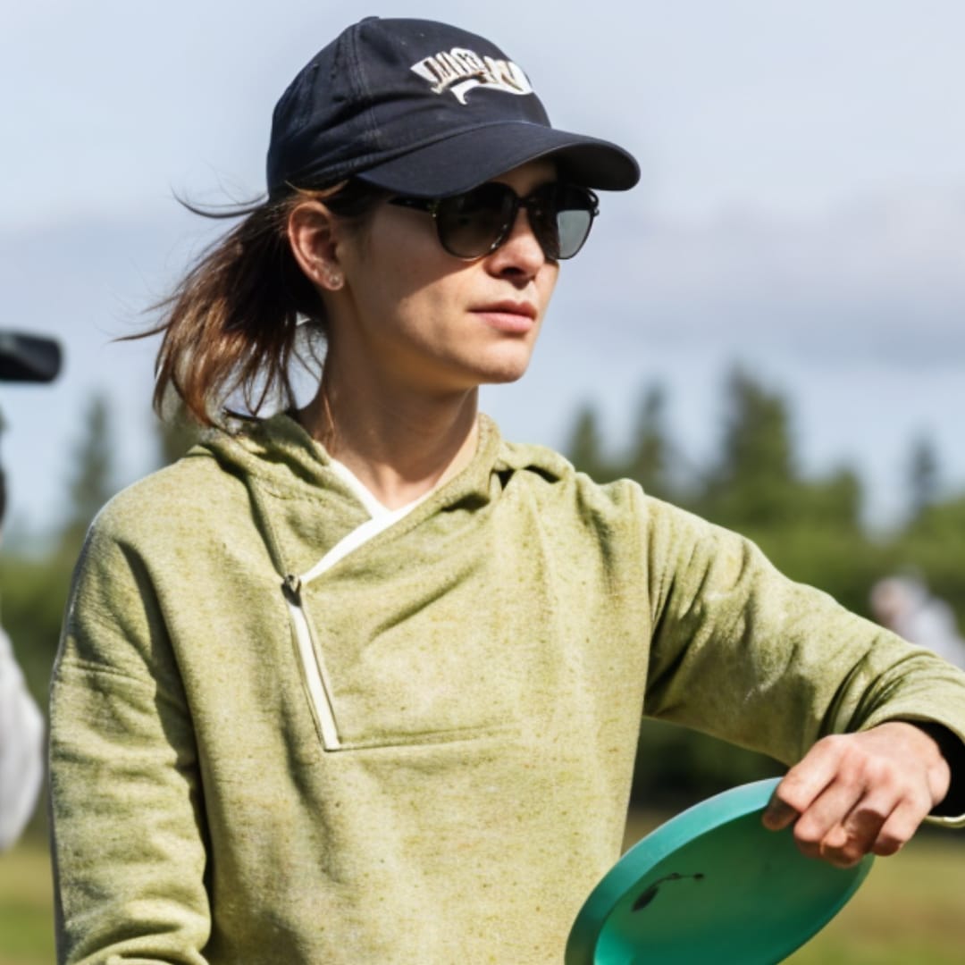 A woman playing disc golf