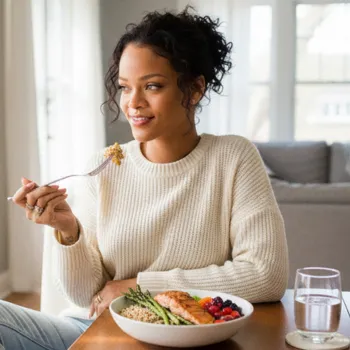 Rihanna eating healthy meal while looking outside