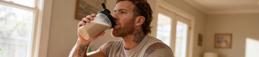 Kenny drinking protein shake in the table