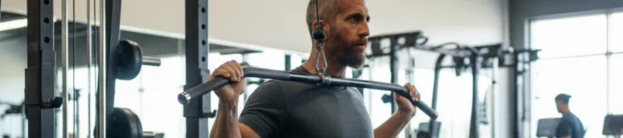 Paul doing a lat pulldown in the gym