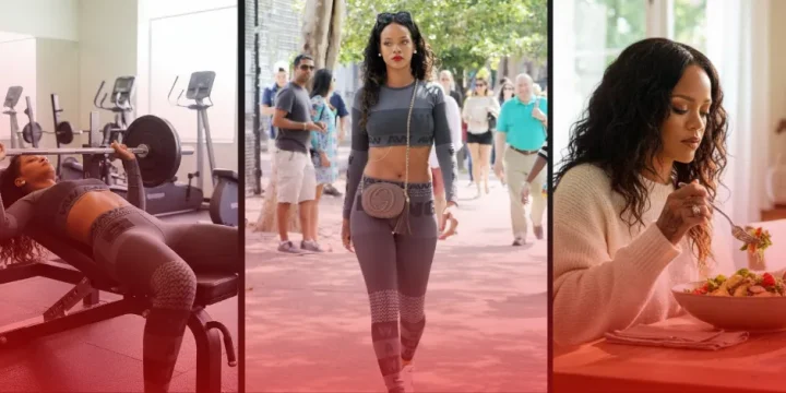 three images of Rihanna doing a workout and eating healthy meal for maintained diet